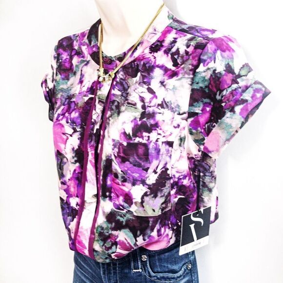 NWT Simply Vera Wang Silky Violet Florals Blouse Sz XS - Picture 2 of 10